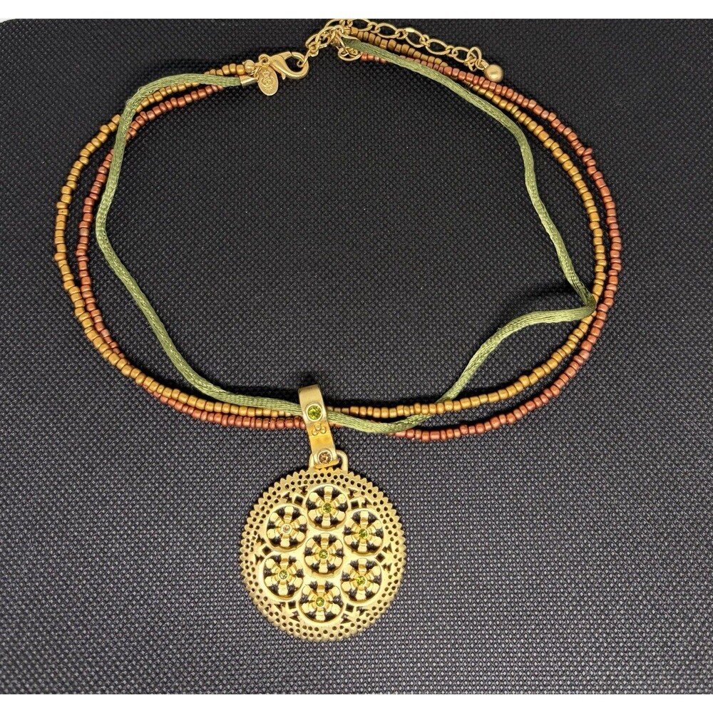 Premier Designs Gold Tone Multi-Strand Pendant Necklace Green Crystal Filigree